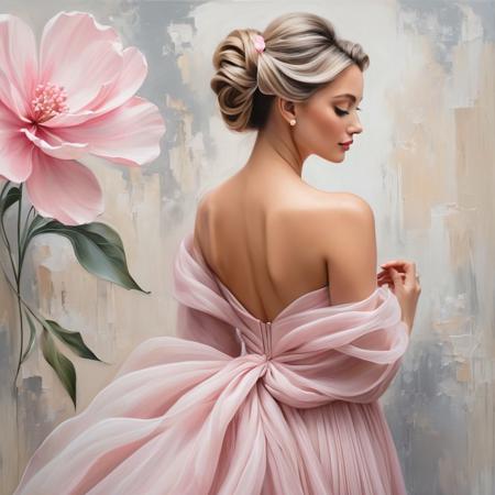 Oil painting relief artwork woman dressed in a flowing pink gown, standing against a muted background of beige and gray tones. She holds a delicate pink flower close to her face, seemingly admiring it. The woman's hair is styled in an elegant updo, and she wears white heels. The gown appears to be made of layers of translucent fabric, with some parts of it looking like they're dispersing into the air, giving it a dreamy quality.