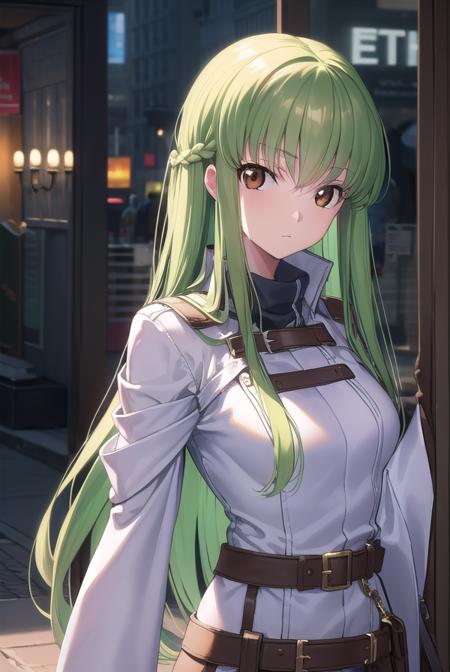 codegeasscc, <lyco:codegeasscc-lyco-nochekaiser:1>, 
cc, (brown eyes:1.5), green hair, long hair, straight hair,
BREAK straitjacket, (white straitjacket:1.5), wide sleeves, belt, black belt,
BREAK outdoors, city,
BREAK looking at viewer, (cowboy shot:1.5),
BREAK <lyco:GoodHands-beta2:1>, (masterpiece:1.2), best quality, high resolution, unity 8k wallpaper, (illustration:0.8), (beautiful detailed eyes:1.6), extremely detailed face, perfect lighting, extremely detailed CG, (perfect hands, perfect anatomy),