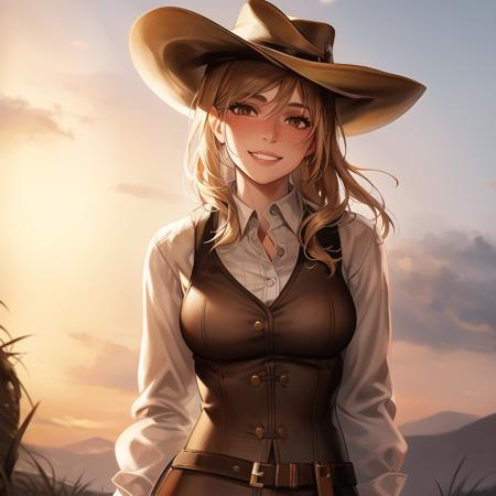 Sadie Adler smiling, wearing a white shirt, dark brown eyes, freckles, cowboy hat outdoor Wild West background <lora:Sadie Adler:1>