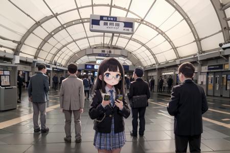 best quality, ultra-detailed, illustration,
1girl, glasses, school uniform, bag, jacket, holding, smartphone,
multiple girls, multiple boys, crowd, 
kaisatsu, automatic ticket gate, scenery, train station, sign, real world location, indoors, ceiling
 <lora:kokusai_tenjijyo_eki_SD15_V1_DIM4:1>