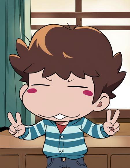 yuzuhiko yuzuhiko, :3, brown hair, aclosed eyes, blush stickers, chibi,