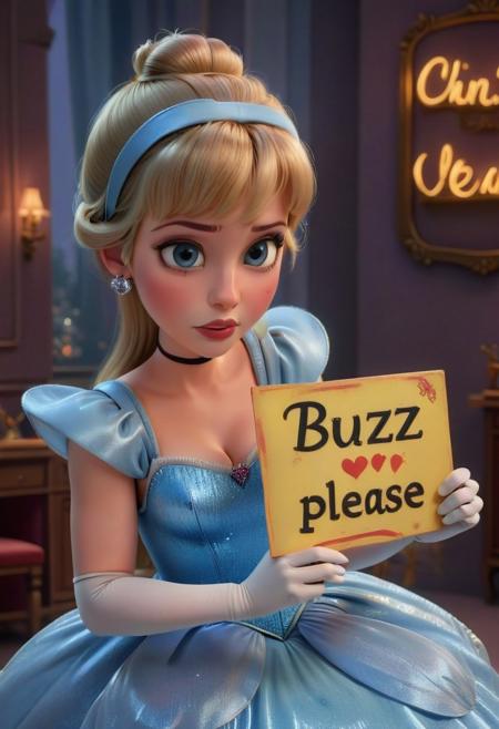 buzz, Cinderella holding a sign with text "Buzz, Please"