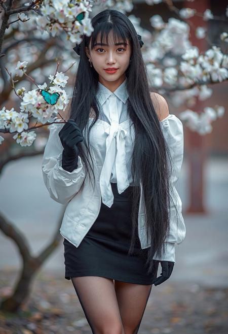 DLSR photograph, slender, beautiful extremely sexy 26 year old korean model . Pale skin, 
lighting<lora:MoriiMee_Gothic_Niji_Style_FLUX:0.3500000000000001> <lora:AsirAsianPhotographyflux:0.7000000000000002>
(((ultra high res))), (photorealistic), raw photo, (((4K resolution))), detailed eyes, super detailed face, focus on face, sharp focus,16k wallpaper, absurdres, highres, huge file size
(parameters: "butterfly,flower,black hair,long hair,***,shoes,smile,black footwear,white flower,pantyhose,very long hair,1girl,bow,,off shoulder,black skirt,jacket,outdoors,bangs,blush,solo focus,open jacket,bare shoulders,black gloves,white jacket,open clothes,tree,skirt,hair bow,gloves,day,long sleeves,mary janes,ahoge,earrings,puffy sleeves,blue butterfly,black bow,jewelry,white pantyhose,looking at viewer,shirt,white shirt,standing,yellow flower,big breasts,puffy long sleeves,