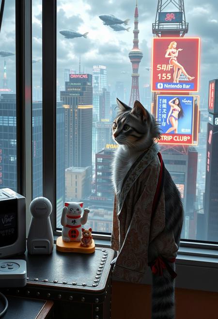 Grey tabby cat with green blue eyes sits on a cluttered metal riveted desk next to a maneki neko statue and a small Nintendo , the cat is looking out to a floor to ceiling window that looks out over a futuristic cyberpunk Tokyo skyline with skyscrapers, holographic advertisements, futuristic airships covered with lights and advertisements in Japanese, a space elevator, (((a tall thin beautiful young woman, 22 years old, is standing next to the cat looking out at the city through the window))), The woman is dressed in an ornate Japanese style bath robe, exposing some cleavage and her lower legs.  The woman's hair is messy from just waking up and tied up with a ribbon. Artistic cyberpunk, dynamic perspective, a translucent neon projection of a strip club bar advertisement displaying a partially dressed woman is visible on a nearby building,