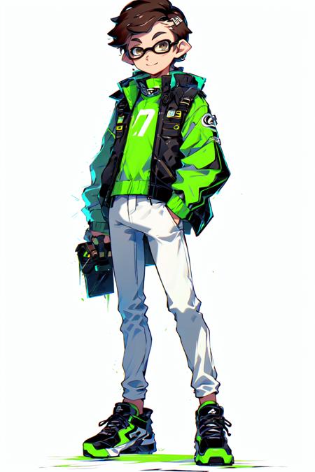 <lora:splatoon:1>, male focus, 1boy, solo, brown hair, shirt, boots, pants, vest, full body, standing, white background, facial hair, white pants, glasses, simple background, looking at viewer, blue shirt, hand on hip, wristwatch, smile, black footwear, black-framed eyewear, watch, beard, brown eyes, aqua shirt, pocket, green shirt