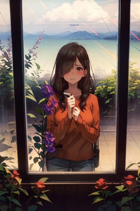 kukkastyle, scenery, partly cloudy, in front of glass window, large window, Wolfsbane \(flower\), blooming flowers, plants, trees, glittering light, mystic, mature female, light brown hair, hair over one eye, orange aran sweater <lora:kukka_style_v01:1>