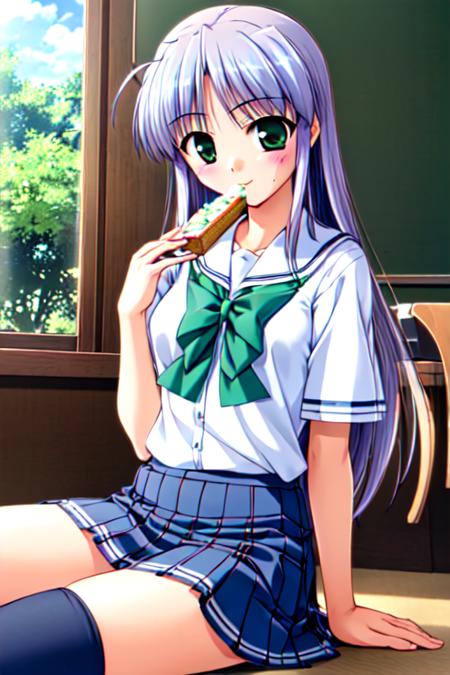 Masterpiece, Best Quality,  <lora:Feena_Local_03_10:1>, Feena, white school uniform, green bow, blue pleated skirt, zettai ryouiki, sitting, eating bento