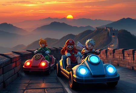 Genshin Impact charactors  , yae_miko etc,  mario carts ,driving along the Great Wall of China, with a setting sun in the background and silhouetted mountains on the horizon