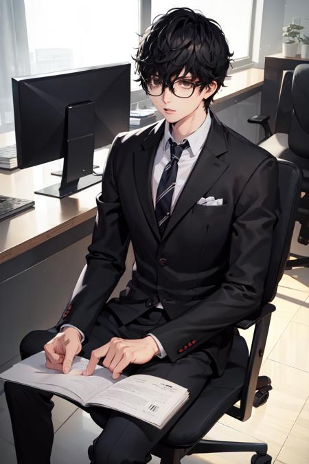 masterpiece, best quality, absurdres, 1boy, solo, AmamiyaRen, glasses, formal, black suit, collared shirt, necktie, sitting, indoors, office, chair, <lora:AmamiyaRen:1>