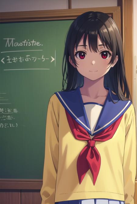 inarifushimi, <lora:inari fushimi s1-lora-nochekaiser:1>,
inari fushimi, long hair, black hair, (red eyes:1.3), smile,
BREAK skirt, school uniform, serafuku, blue sailor collar, shirt, (light yellow shirt:1.5), long sleeves, blue skirt, neckerchief, (red neckerchief:1.5),
BREAK indoors, classroom,
BREAK looking at viewer, (cowboy shot:1.5),
BREAK <lyco:GoodHands-beta2:1>, (masterpiece:1.2), best quality, high resolution, unity 8k wallpaper, (illustration:0.8), (beautiful detailed eyes:1.6), extremely detailed face, perfect lighting, extremely detailed CG, (perfect hands, perfect anatomy),