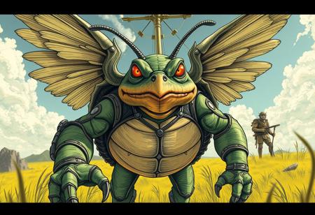 Create a promotional image for a video game featuring an aged turtle character, inspired by the art style of Nychos and Mr. Nimbus's character design, with a structure reminiscent of Kyle Lambert's work. The image should have a high-quality, bug POV shot aesthetic, akin to 'Set Sail for the Kingdom,' with ruffled wings and an Scientist character in the background, blending TF1 and Himba elements. Incorporate a yellow and charcoal drawing style, promoting a 2020s promotional art vibe, similar to Trippie Redd's visuals.