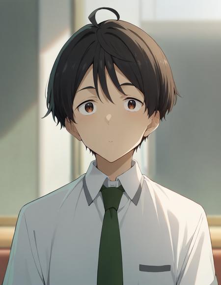 kazuhiko nukumizu, short hair, black hair, ahoge, brown eyes school uniform, white collared shirt, short sleeves, green necktie, belt, grey pants, brown footwear topless, black male swimwear, swim trunks