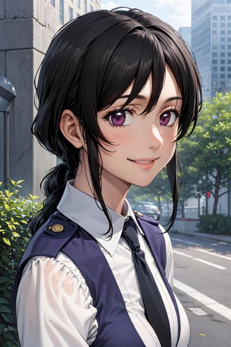 best quality, masterpiece, portrait, kobayakawa miyuki, black hair, purple eyes, long hair, medium breasts, low ponytail, sidelocks, police uniform, police woman, vest, necktie, looking at viewer, outdoors, city, street, smile,
<lora:Kizuki - Taiho Shichau zo - Kobayakawa Miyuki:0.9>