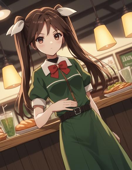 tone, long hair, brown hair, ribbon, twintails, brown eyes, hair ribbon, white ribbon, single elbow glove, school uniform, shirt, green shirt, belt, bowtie, red bowtie, short sleeves, dress, green dress,