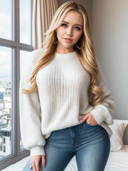 mmalkova, a photo of a stunning woman with long hair, (wearing white_sweater and blue_jeans!), golden_jewelry:1.1, (luxurious bedroom with big windows!), [paris:0.3], HDR, 8K, interesting background, emotional scene, film still, soft lighting,   <lora:epiNoiseoffset_v2:0.6>,  <lora:more_details:0.5>