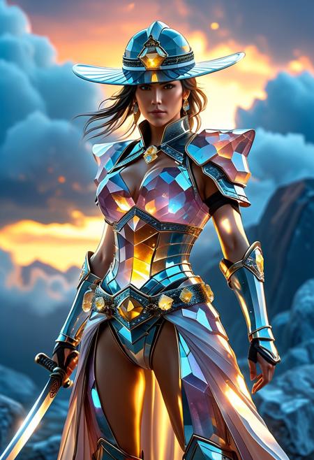 SFW, cowboy shot, (masterpiece), (best quality), (masterpiece:1.5), source anime, anime style, a middle-aged beautiful woman dons a full body large, silver, samurai-style armor with helmet and chestplate adorned with shimmering yellow crystals. She holds a katana with blade encrusted with various shades of gem stones, enhancing its mystical aura. Her outfit, reminiscent of dark fantasy and magic, is accented with quartz and crystals, adding a whimsical touch to her menacing appearance. The character stands against a backdrop of swirling, nebulous clouds and a hexagonal structure with vibrant yellow hues reflecting off its surface, surrounded by smaller pieces of quartz and crystals. <lora:rosequartzjade:0.55> reij-rsqrtzjd <lora:Fluorite_Mineral_SDXL:0.55> fluorite mineral, flu0rite, iridiscent <lora:ral-crztlgls:0.55> ral-crztlgls <lora:MJ52:0.45> <lora:MJ52_v2.0:0.65>, masterful composition, dynamic volumetric lighting, ray_tracing, reflection,