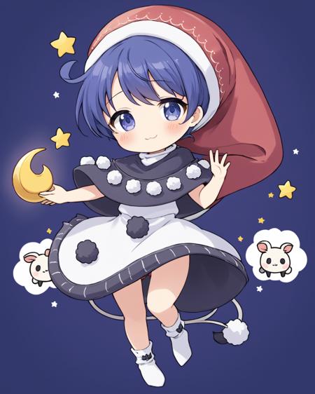 doremy sweet,1girl, nightcap, solo, pom_pom_\(clothes\), sheep, red_headwear, black_capelet, crescent_moon, star_\(symbol\), tapir_tail, looking_at_viewer, :3, chibi, blush, full_body, white_dress, holding, smile, socks, parted_lips, animal
<lora:doremy_sweet_image2053_2023-12-20-000010:1>,star-shaped_pupils,symbol-shaped_pupils,. gorgeous,key visual, vibrant, studio anime,award-winning, professional, highly detailed,high budget, cinemascope