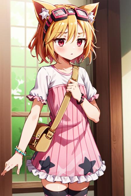 Cocoa 1girl, blonde hair, short hair, striped thighhighs, cat ears, pink dress, frills, puffy short sleeves, hair between eyes, red eyes, white shirt, bracelet, goggles on head, shoulder bag Cat bomb