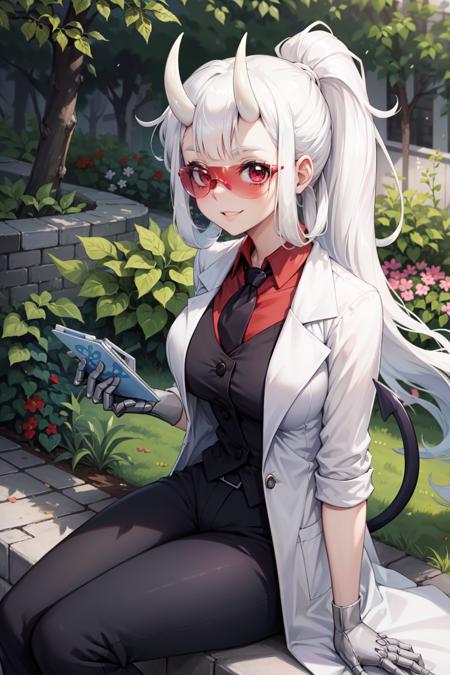 loremaster, long hair, horns, demon girl, tinted eyewear, ponytail, labcoat, shirt, coat, necktie, goggles, demon horns, white coat, red-tinted eyewear, red shirt, collared shirt, pants, demon tail, tail, black necktie, pants