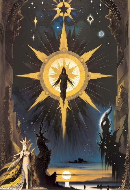 Hastur, cosmic horror, dark art, King in Yellow, by gustave moreau, Along the shore the cloud waves break The twin suns sink behind the lake The shadows lengthen In Carcosa Strange is the night where black stars rise And strange moons circle through the skies But stranger still is Lost Carcosa Songs that the Hyades shall sing Where flap the tatters of the King Must die unheard in Dim Carcosa Song of my soul my voice is dead Die thou unsung as tears unshed Shall dry and die in Lost Carcosa