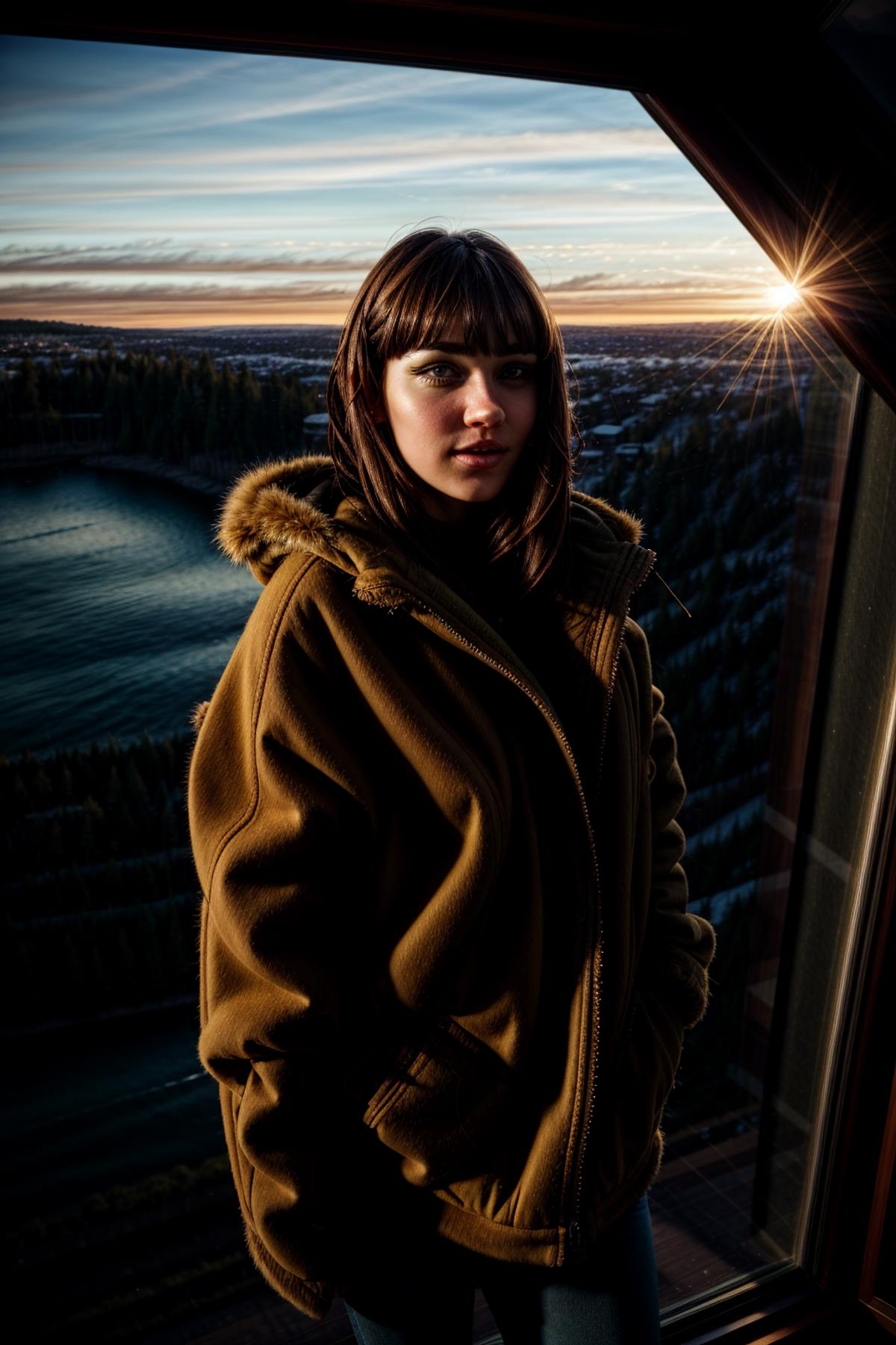 A Woman Wearing a Beige Jacket and Staring at the Sunset.