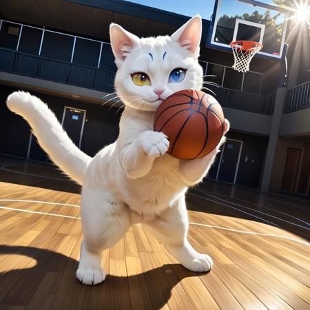GrubCat, solo, ((((heterochromia)))), ((((left eye blue, right eye yellow)))), white GrubCat cat playing basketball, standing on hind legs, holding basketball in paws, looking at viewer, sunlight, wearing basketball jersey, basketball court, dynamic angle, best quality, extremely high detailed, masterpiece, cartoon
