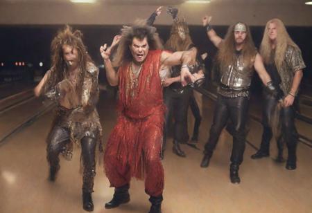 heavy metal musicians in outrageous outfits, bowling