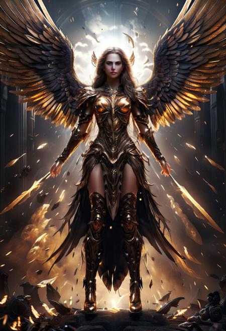 safe_pos, score_9, score_8_up, score_7_up, 1girl, archangel, tanned skin, brown long hair,  Huge majestic  brown hawk wings, feathered wings, stiletto heels high boots, golden armour, black roses, (sparks:0.3),  photography, cinematic, bokeh, dark background, front view from below, (dynamic pose, action:0.8), science fiction background, cloud city