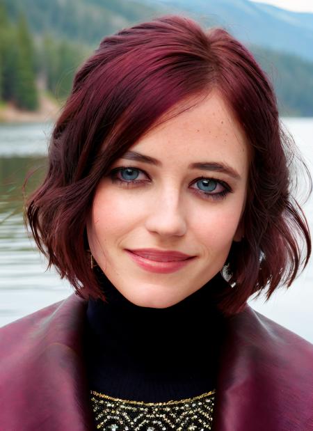 portrait of skswoman, smile , wearing cashmere , with burgundy Layered haircut , background lake epic (photo, studio lighting, hard light, sony a7, 50 mm, matte skin, pores, colors, hyperdetailed, hyperrealistic), <lyco:Eva Green:1.2>