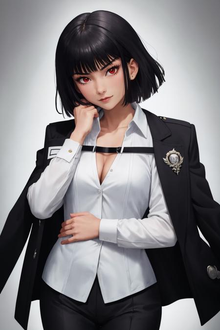 masterpiece, best quality, 1girl, solo, <lora:ryoshu-lc-richy-v1:1> ryoshu, white shirt, black jacket, jacket on shoulders, chest strap, evil, black pants,