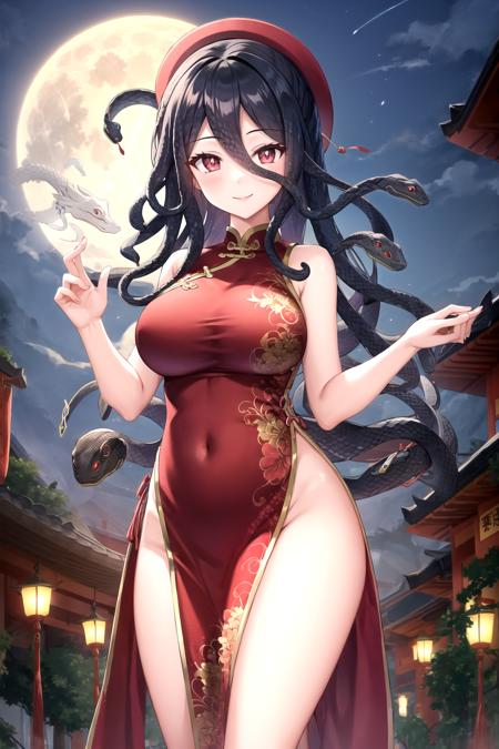 (snake hair:1.2), looking at viewer, smile, slit pupils, china dress, outdoors, night, full moon, wide hips, <lyco:gorgon-10:0.6>