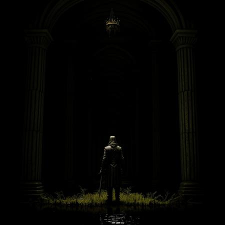 Horror-themed,  <lora:carcosa city style SD1.5:1.2>
In an ancient and mysterious city a man standing in a swamp with a sword carcosa city style, Eerie, unsettling, dark, spooky, suspenseful, grim, highly detailed