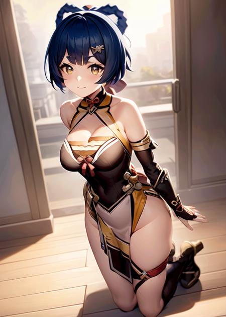 xiangling_\(genshin_impact\), 1girl, (masterpiece:1.6, best quality), (finely detailed beautiful eyes: 1.2), ultra-detailed, illustration,beautiful detailed eyes,close up, full body, (breast focus), (arms behind back:0.6),  (breasts out:1.3), (off shoulder:1.1), (full_body) ,  shiny skin,    <lora:xianglingGenshinImpact_xianglingGenshinImpact:0.7>