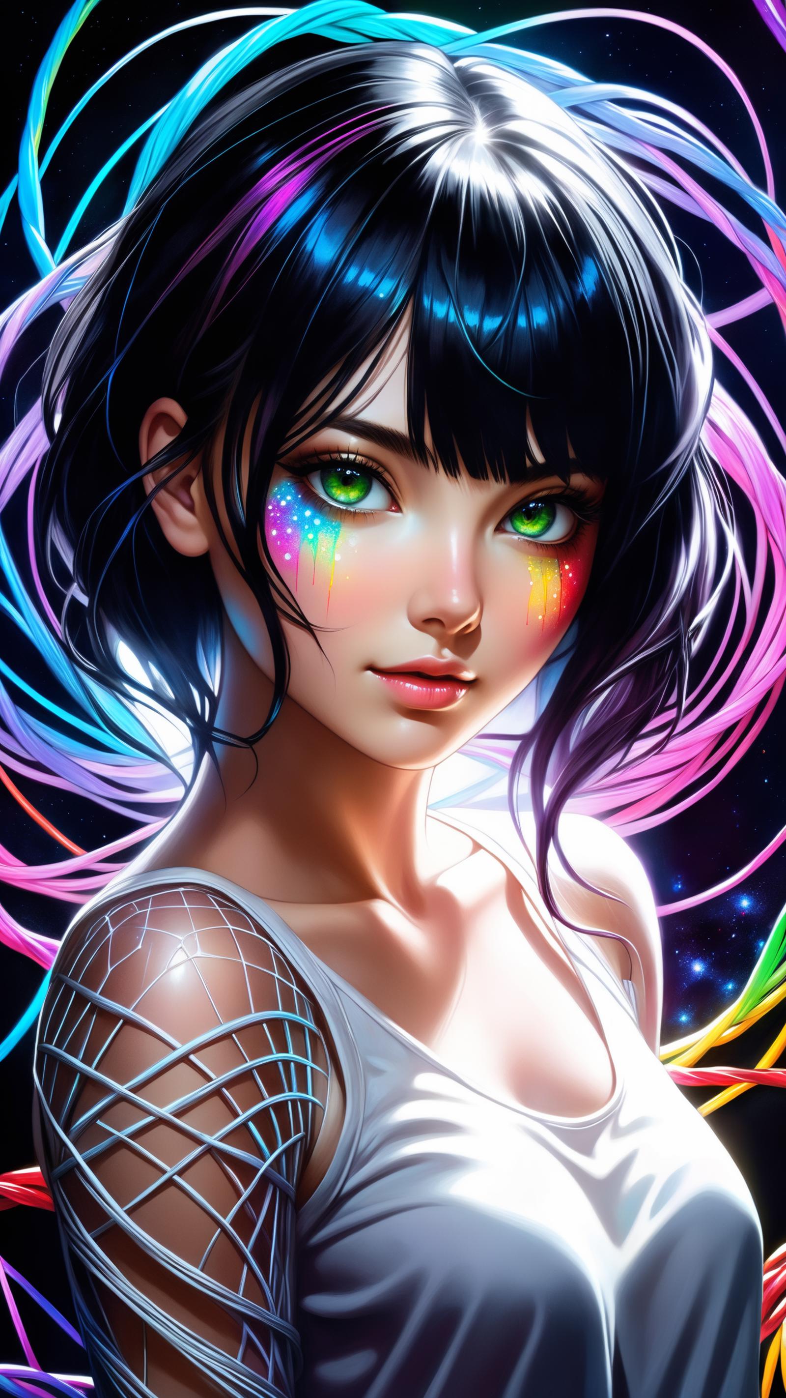 A colorful digital painting of a woman with green eyes, painted with vibrant colors and rainbow makeup.