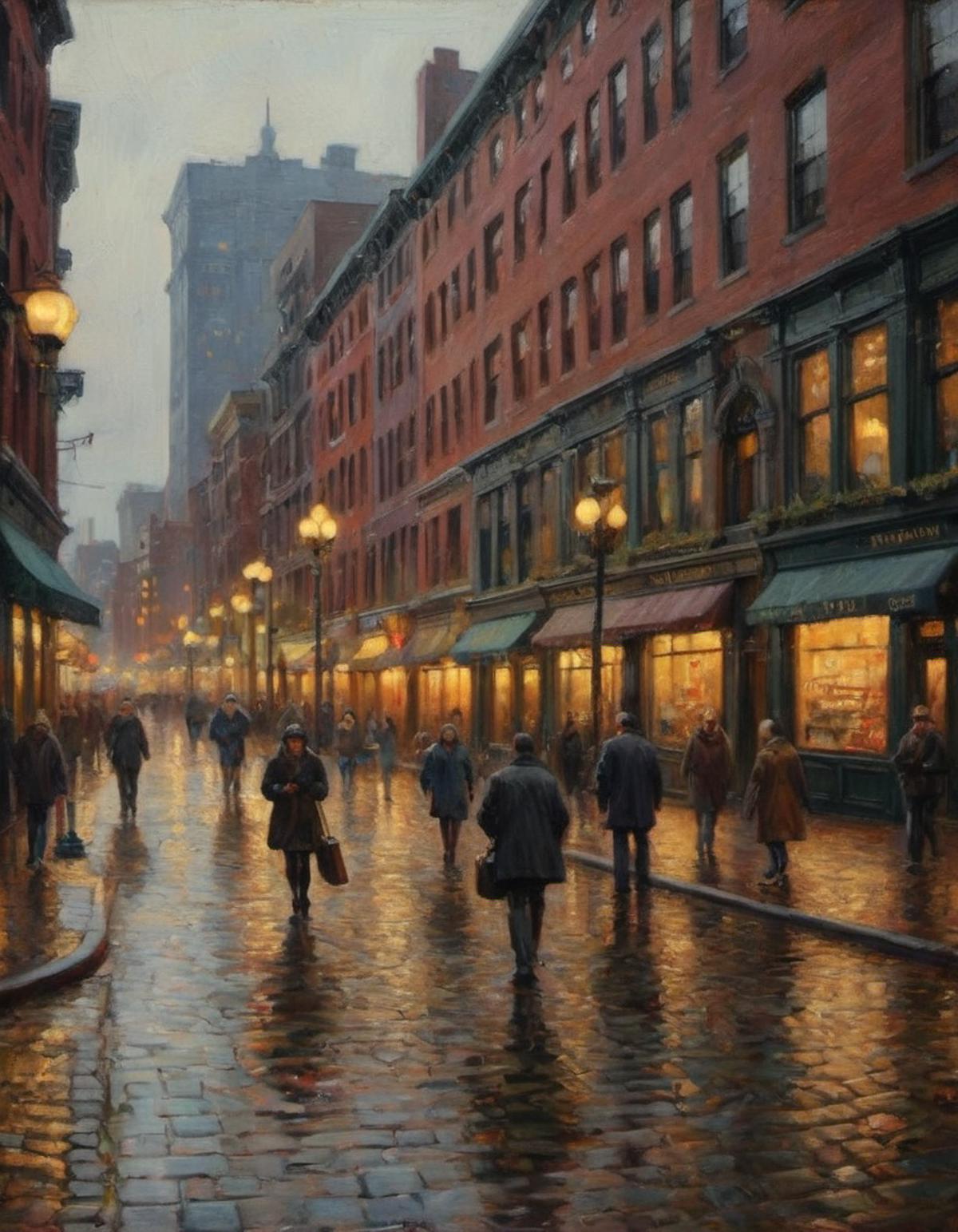 A Painting of a Rainy Night in a European City with People Walking and Lights on the Street.
