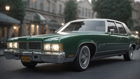 a dark-green 1974 oldsmobile town car, rule of thirds, sharp focus, realistic, perfect composition, intricately detailed, beautiful, octane render, photorealistic, Cinematic Lighting, Soft Lighting, Beautiful Lighting, Volumetric Lighting, Ray Tracing Global Illumination, Bokeh, Cinematic, Depth of Field, Vignette, 4k, 8K, 16k, 32k, Super-Resolution, Ray Tracing Reflections, Ray Traced, Ray Tracing Ambient Occlusion, award winning