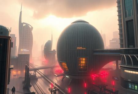 Breathtaking masterwork digital photo, sci-fi city, sleek organic rounded laminate architecture, heavy blinding rainstorm