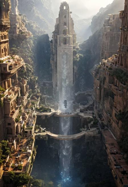 POV view , DOF,
(Ancient civilization, Alien Prometheus movie scene, dune movie scene:1.5), (The colonial city of the future, in the mist-filled Grand Canyon, on an unknown Earth-like planet, 2 moon on sky, Spaceship flight connects colonies, waterfulls:1.3), (Machu Picchu, a mountain settlement, incredibly spectacular:1.2), (Mario Botta:1.3), (avant-garde, future, reality, science fiction, photorealistic), (modern architecture:1.2), White limestone with black granite, fountain, waterfall, landmark, square, path, narrow street,
(Large Files, Ultra Realistic, 8K, 16k, FHD, HD, VFX, Perfect, Photography, composition, Architecture Sales Photography, Architecture Competition, Ultra High Resolution, Cinematography, High Resolution Image:1.1), (dramatic lighting, direct sunlight, ray tracing, clear shadow:1.2),  (real landscape:1.1), (blurred background:1.0), (urban background, more_details) ,
great lighting, clear, hillscastel, <stardeaf-cold-arc>, xtower, industrialbuilding