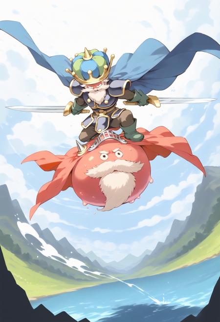 shogum,slime (dragon quest),armor,beard,cape,crown dual wielding,holding sword,no humans,riding