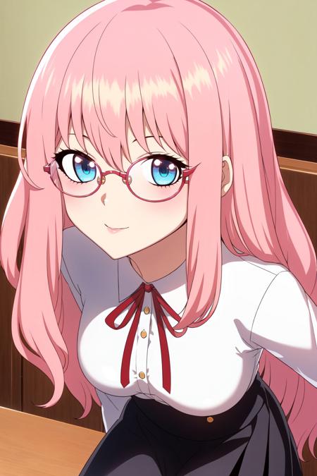 ,1girl, pink hair, black skirt, breasts, glasses, long hair, long skirt, looking at viewer, pink hair, red ribbon, ribbon, skirt, solo, indoors, cafe, close_up, face_focus, blue eyes