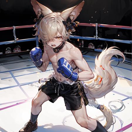 <lora:kou_granblue:.75> Kou, 1boy, hair ornament, (tail:1.2), hair over one eye,  from above, boxing shorts, shirtless, boxing boots, socks, angry, mad,  struggling, (stance:1.2), boxing ring, spotlight, hard light, lit from above, sweat, boxing gloves