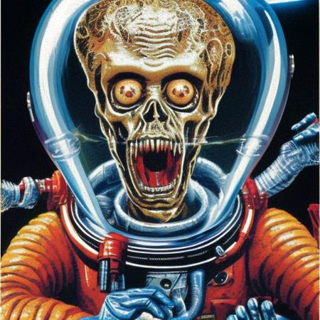 a portrait painting an alien in a clear space suit helmet  in the style marsattacks, highly detailed