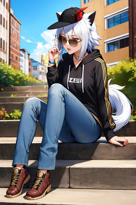 masterpiece, best quality,  <lora:yswhitecat-nvwls-v1-000008:0.9> ysWhiteCat, hat, cat ears, black hoodie, sunglasses, jeans, sitting, city street, stairs, tail