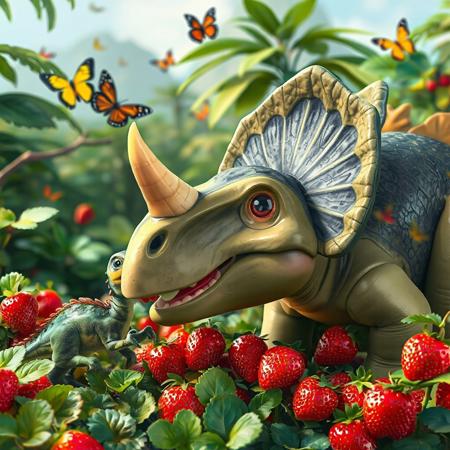 A triceratops eating strawberries in the jungle. There is a baby stegosaurus eating strawberries next to the triceratops. The jungle is beautiful and there are butterflies around the dinosaurs. In the style of toy story.