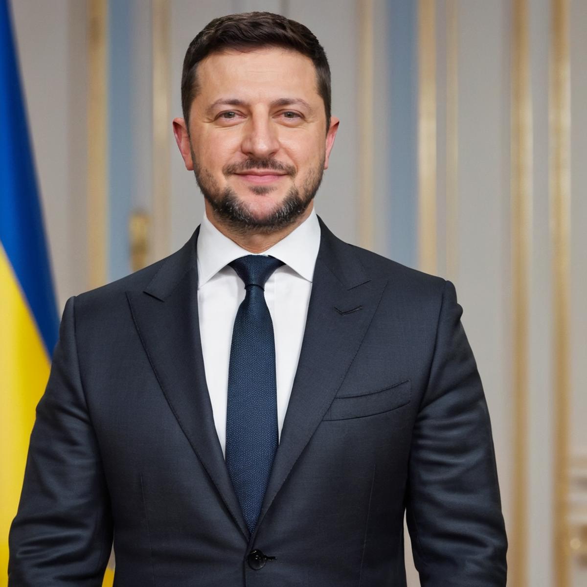 A man in a suit and tie, smiling, with a flag behind him.