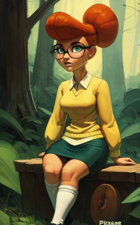 8k,4k,((Best quality, masterpiece, ultra high resolution)),((full body, by pixelsketcher)), <lora:Scarlett:0.8>,glasses, green eyes, pompadour, sweater, red hair, socks, skirt,socks,green skirt, white socks,collared shirt, orange hair,single hair bun,yellow sweater,hair bun, kneehighs, black footwear, shoes,forest ,sitting,human