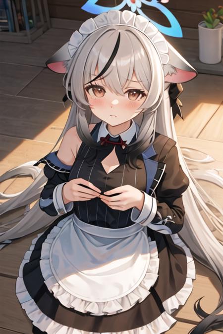 best quality, masterpiece, highres, solo, {maid:1.40}, {long maid dress:1.15}, {kokona_bluearchive:1.15}, animal_ears, grey_hair, long_hair, multicolored_hair, black_hair, halo, streaked_hair, bangs, blush, breasts, brown_eyes, small_breasts, striped, hair_between_eyes, very_long_hair, vertical_stripes