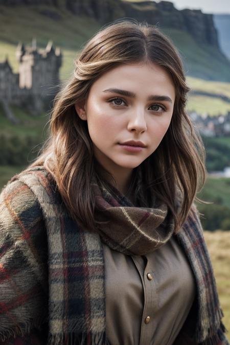 ChloeGM_SoloTI_v1,
(In a simple, rustic dress with a plaid shawl and wild, flowing hair, exuding a quiet strength and resilience), (Amidst the rolling hills and ancient castles of Scotland, where whispers of freedom and bravery create a symphony of determination and sacrifice, a sense of courage and steadfastness fills the rugged air:1.3), (resolute:1.3), (natural, windswept landscape, contemplative gaze, historical setting:1.3), 
 epiCPhoto, PA7_Portrait-MCU,