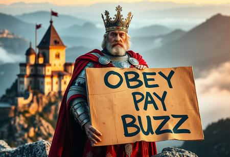 Generate an image of a unique medieval king of Albania standing on a rocky mountain with a majestic castle in the background. The king is dressed in ornate, culturally inspired armor, wearing a crown with ancient symbols, and a flowing red cape. His expression is stern and commanding. He holds a large, weathered cardboard sign that reads “OBEY PAY BUZZ” in bold, rough letters. The scene is set at dawn, with a misty, golden sunrise casting a mystical light over the king and the landscape, emphasizing the powerful and enigmatic message on the sign.