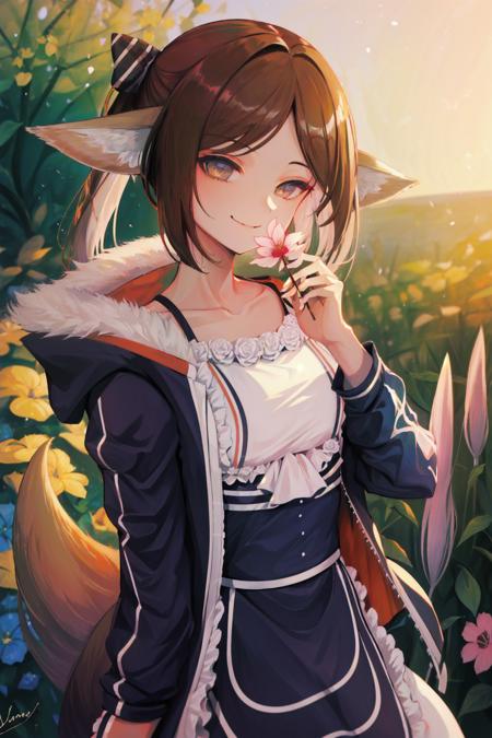 ((masterpiece,best quality)), highres, 1girl, perfumer, open jacket, fox tail, smile, closed mouth, garden, holding flower, depth of field,